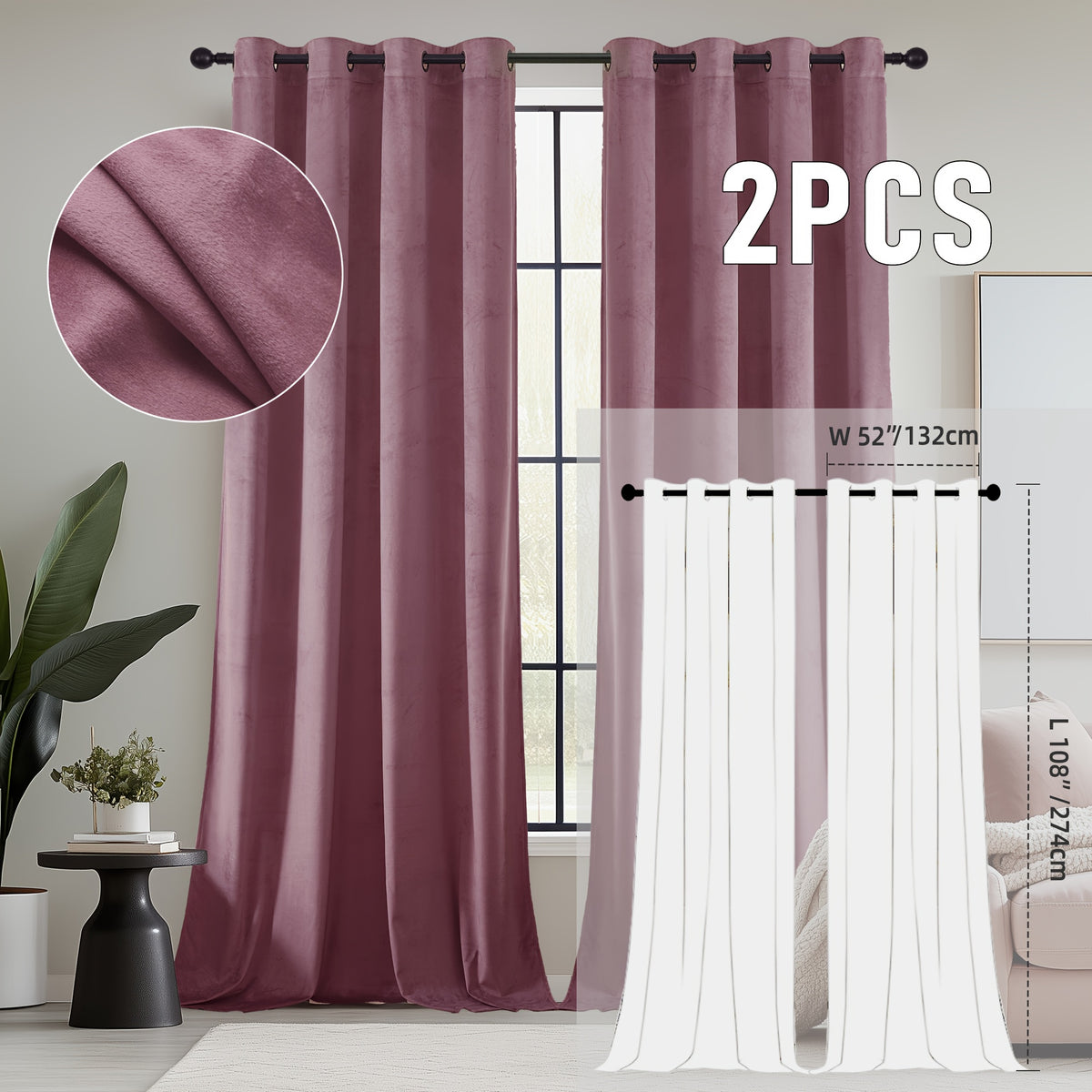 2pcs Velvet Room Darkening Curtains | Vintage Soundproof and Thermal Insulated, Elegant Soft Velvet Grommet Top Curtains for Living Room and Bedroom, Unlined, Solid Color, Fashionable Valentine'S Day Décor