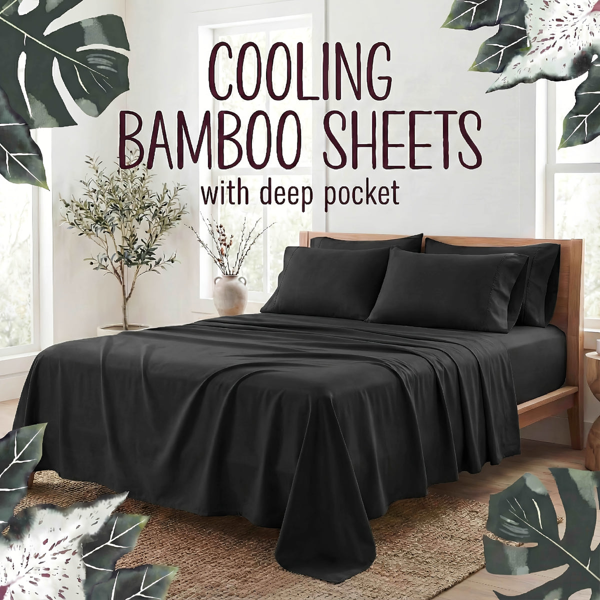4-Piece Bamboo Fiber Bedding - Hypoallergenic and Temperature-Regulating, Suitable for All Seasons to Care for Deep Sleepers, Luxurious Bedding with Deep Pockets, Wrinkle-Resistant and No Ironing Needed, Great for Room and Bedroom Decor