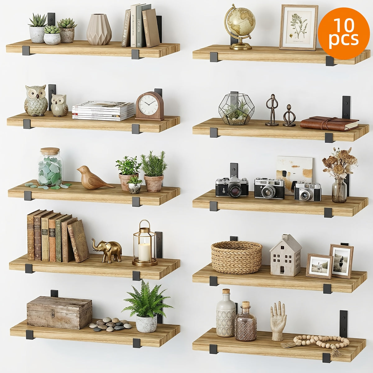 Floating Shelves 10-Piece Set, 15.8 x 5.9 Inch Wall Display Shelves for Books, Small Plants, Photos and Collectibles in Bedroom, Kitchen and Living Room
