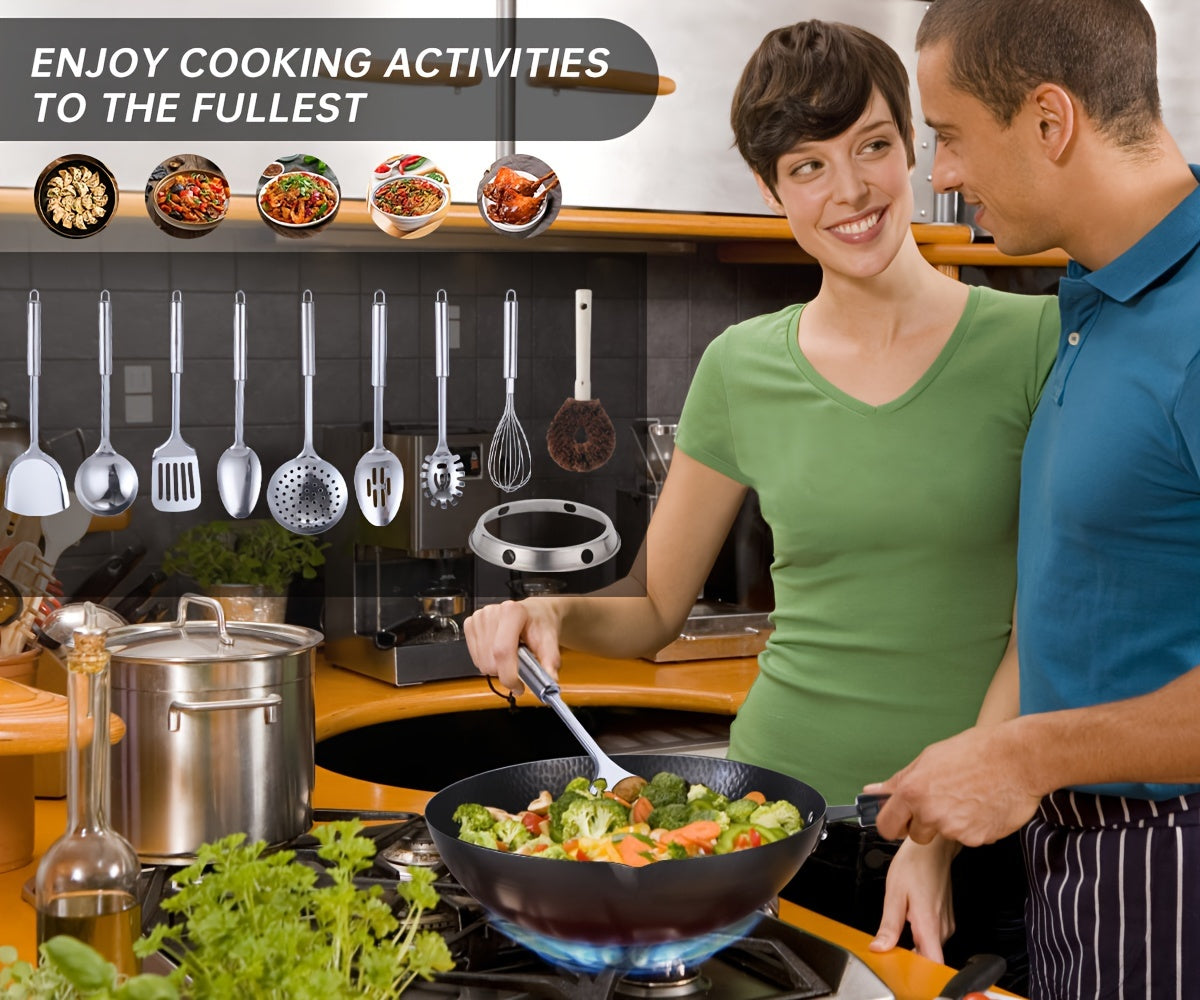 12.6" Iron Wok-11pcs Woks & Stir Fry Pans Wok Pan with Lid, No Chemical Coated Chinese Wok with 10 Cookware Accessories, Flat Bottom Wok for Electric, Induction, Gas Stoves