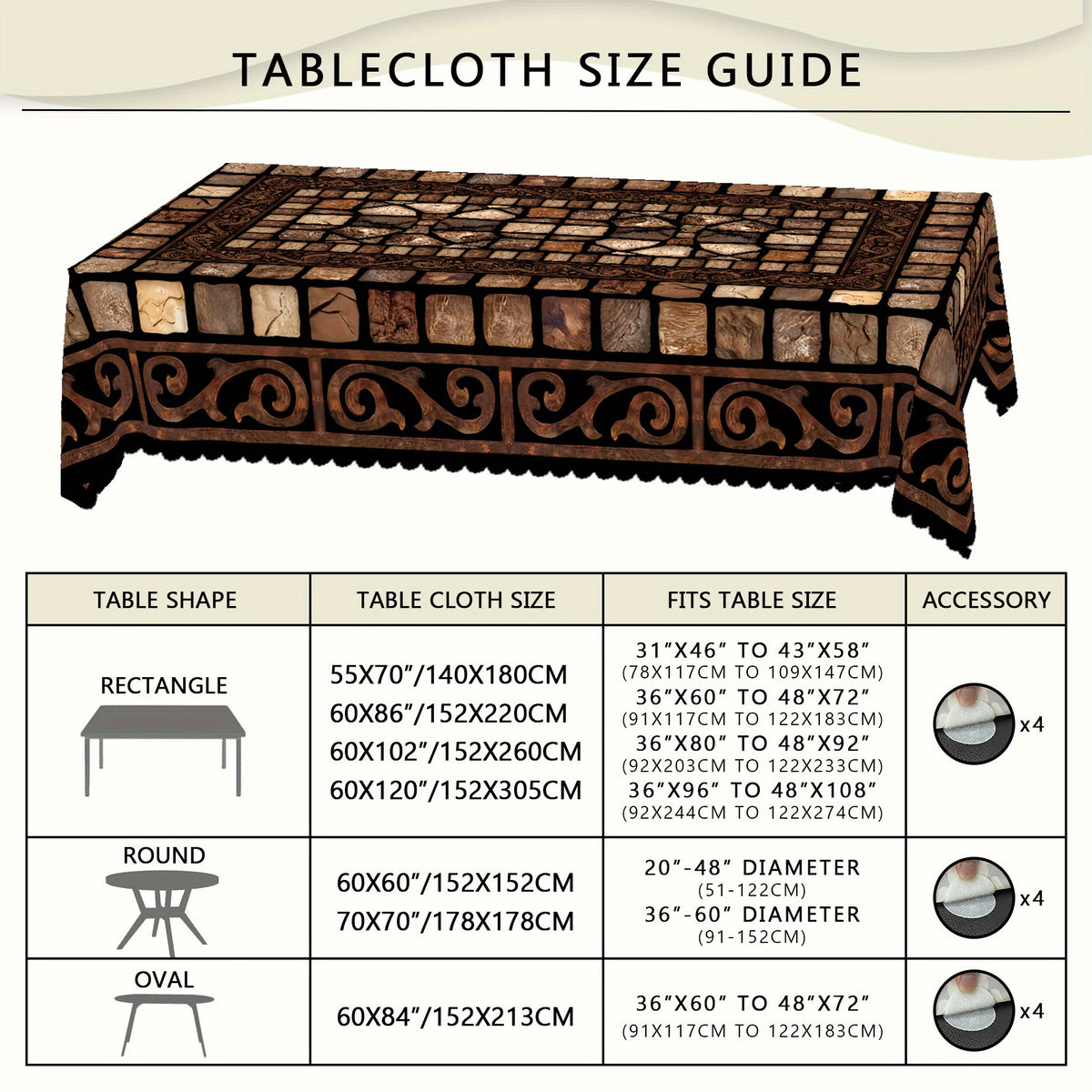 Vintage Stone Pattern Tablecloth, Brown with Ornate Floral Design, Polyester, Rectangular, Machine, Perfect for Traditional and Rustic Home Decor, Dining Table and Indoor Decoration, Multiple Sizes Available