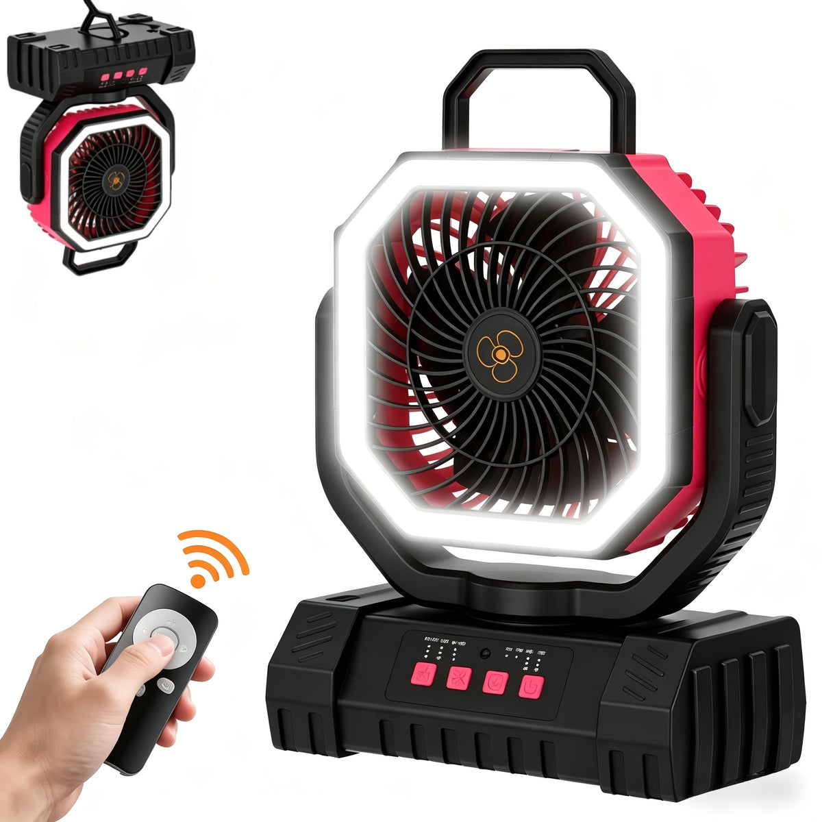 Portable Camping Fan with LED Light 20000Mah Rechargeable Battery Remote Control And Oscillating Function, 4 Wind Speeds, 90° Oscillation, 1-8 Hour Timer, Remote Control Included. Suitable for Indoor And Outdoor Use, Tents, Travel
