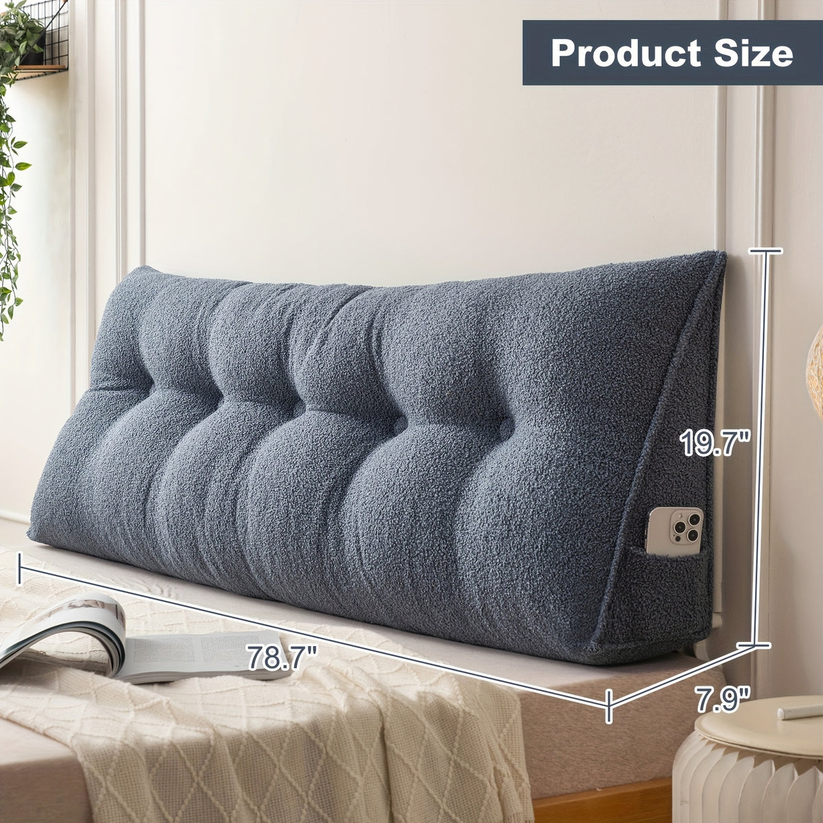 Headboard Reading Pillow, Triangular Teddy Velvet Backrest Cushion with Side Pocket and Removable Washable Cover for Twin, Queen and King Beds