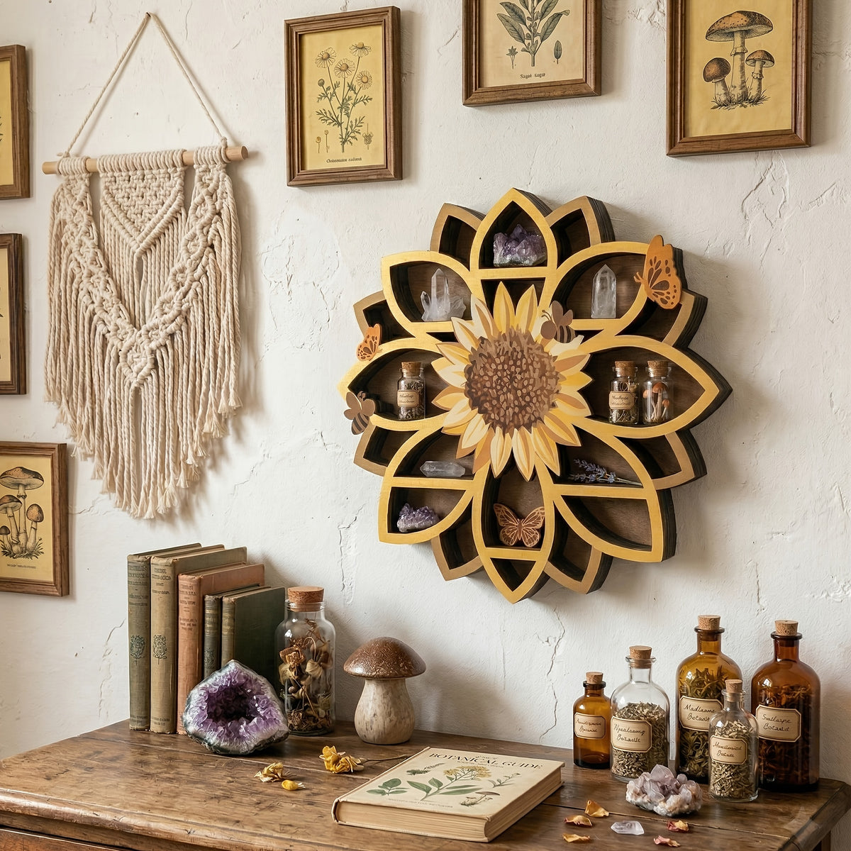 FNYDOXGI 1pc Wooden Sunflower Floating Shelves Wall-Mounted Organizer - UV Printed Spiritual Decor with Gemstones, Essential Oils & Meditation Art, Multi-Functional Storage for Living Room, Meditation Space, Meditation Room Decor, Vibrant Wall Art