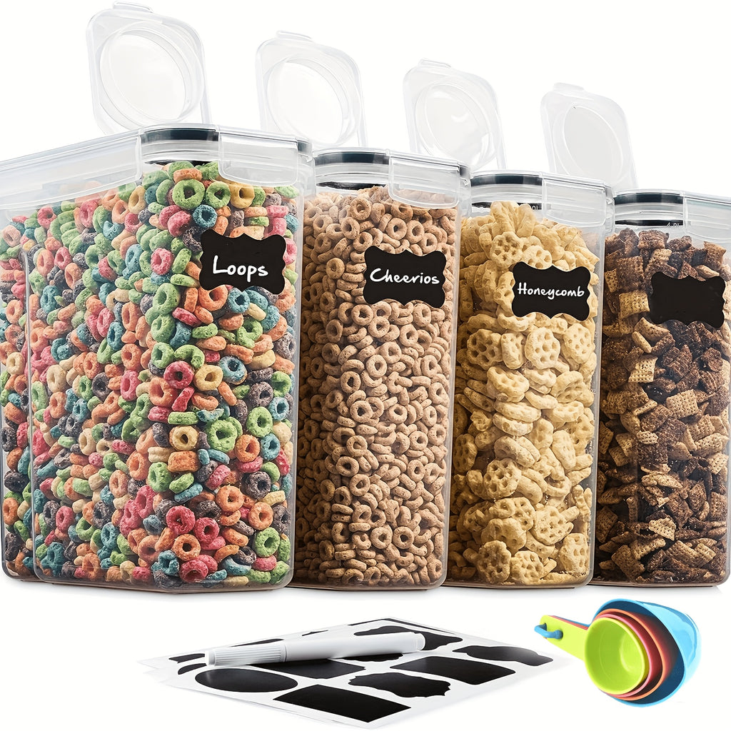 4 Pack (135OZ) Large Airtight Food Storage Cereal Containers | BPA-Free Plastic, Flip Top Closure, Multipurpose Use for Rice, Pasta, Sugar, Flour with Measuring Cup & 20 Labels