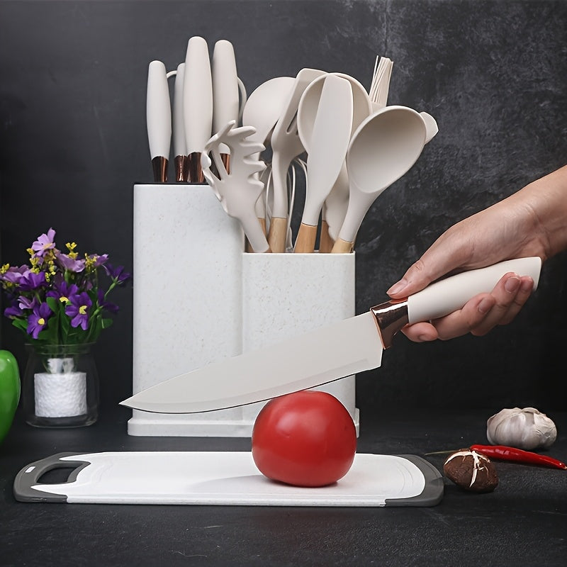 19pcs Non-Stick Silicone Cookware Set with Bamboo Storage Containers And Knives - Heat-Resistant Pots, Pans, Utensils - Kitchen Tools for Frying, Boiling - for Induction Stovetops And Ovens (Wooden Handle)