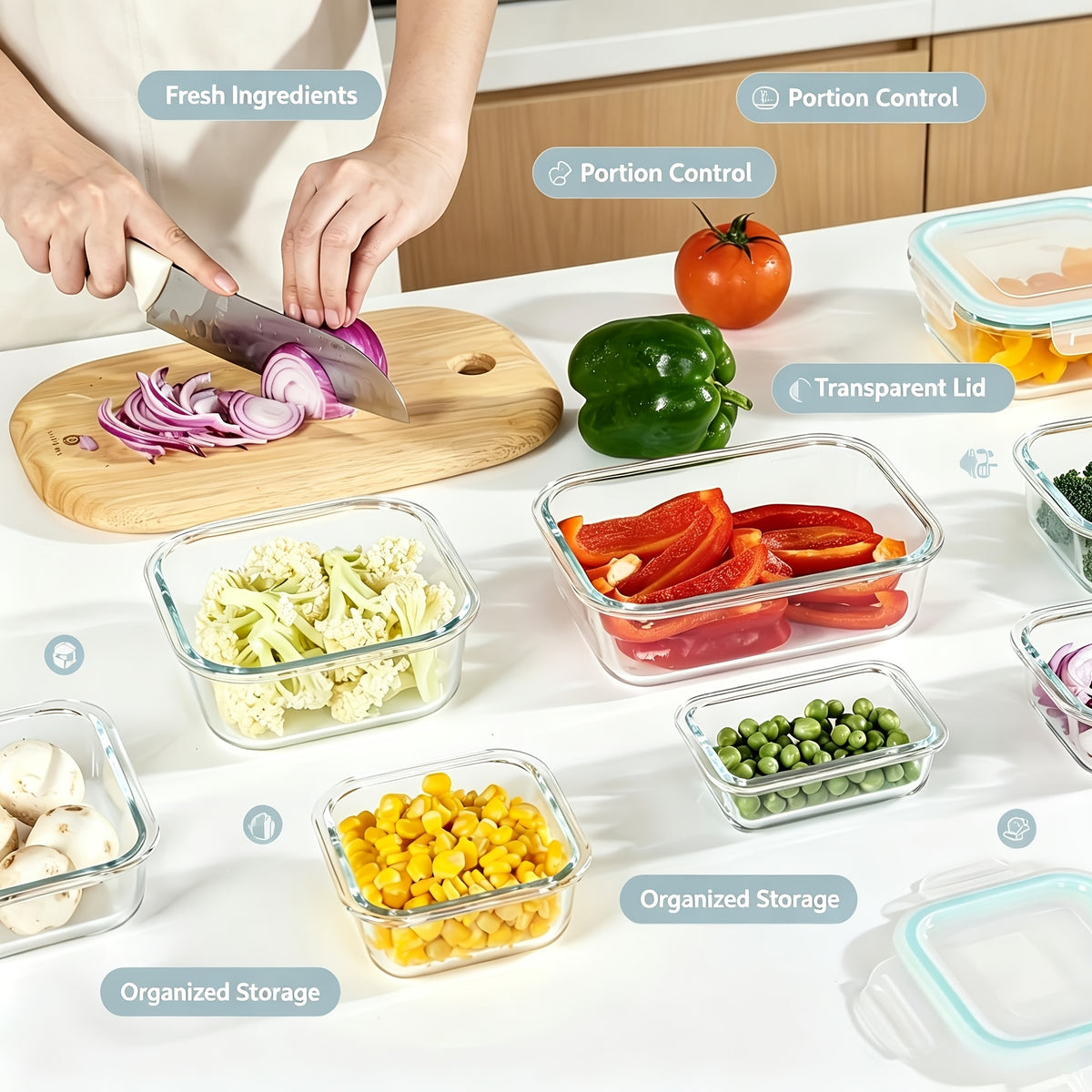 Premium Glass Food Storage Containers, Airtight Leak-Proof BPA Free Stain-Resistant Easy-Clean Design, Microwave Oven Freezer And Dishwasher Safe, 8pcs, for Meal Prep And Bento Boxes