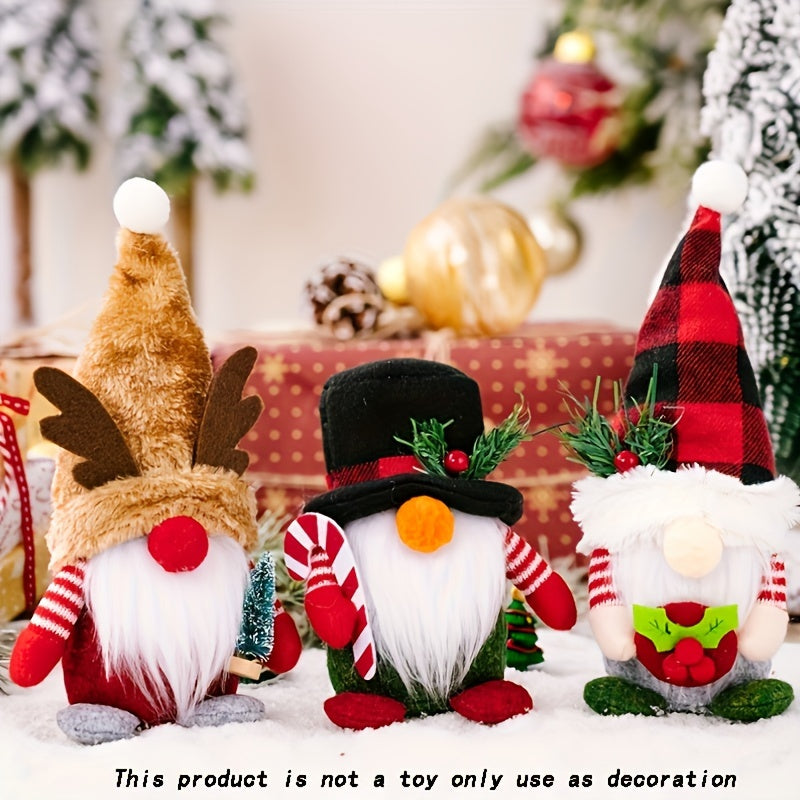 3Pcs Christmas Decorations, Plaid Hats, Forest Elderly Decorations, Deer Antler Dwarf Rudolf Dolls, Christmas Decorations, Elegant Decorative Tabletop Faceless Dwarf Standing Dolls, Creative Decorative Doll Tabletop Decorations