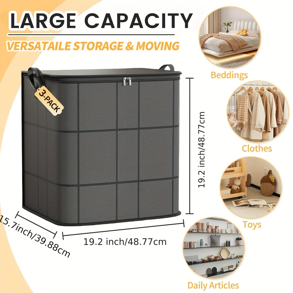 3 Pack Large Clothes Storage Bags, Foldable Wardrobe Storage Bag, Large Capacity Storage Box, Household Double Zipper Organizer Bag with Handles for Clothes And Quilts, Suitable for Moving, Travel, Storage Basket, And Under-Bed Storage Bag