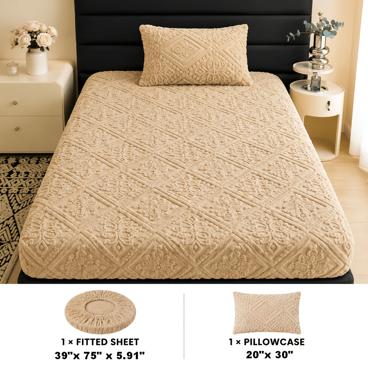 Embossed Fitted Sheet with Optional Pillowcases, Soft Deep Pocket Machine Washable Bedding in White, Gray, Khaki, Blue and Green for Twin Full Queen King