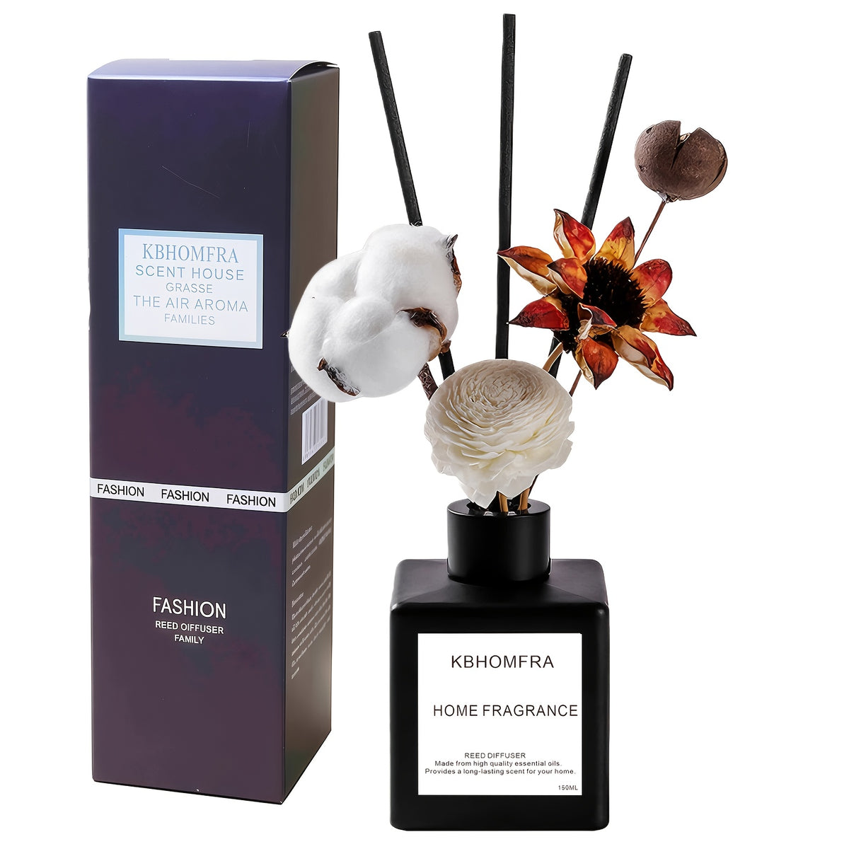 KBHOMFRA Real Flower Reed Diffuser 3.38 Oz(100ml) Jasmine Tea Home Fragrance Scent Essential Oil Diffuser With Sticks Aroma Home Christmas Decor For Air Fresheners Bathroom