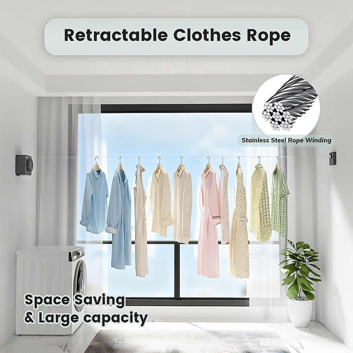 1/2pcs Retractable Clothesline Indoor Non-Sagging Outdoor Clothes Line Retracting Heavy Duty Clothes Drying Laundry Line Wall Mounted Stainless Steel Line-15.1 Feets(Square-Gray), Clotheslines