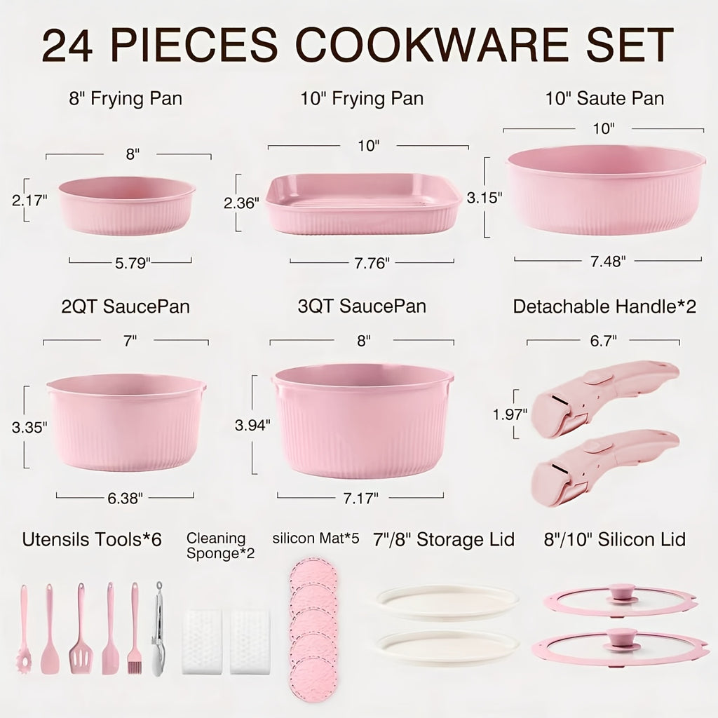 24pcs/7pcs/5pcs Cookware Set Non-Stick Pots & Pans Induction-Ready Kitchen Cookware Set Includes Skillet/Frying Pan/Soup Pot/Steak Pan Removable Handles Home & RV Kitchen Set Stackable Kitchen Accessories Easy To Clean Multiple Colors