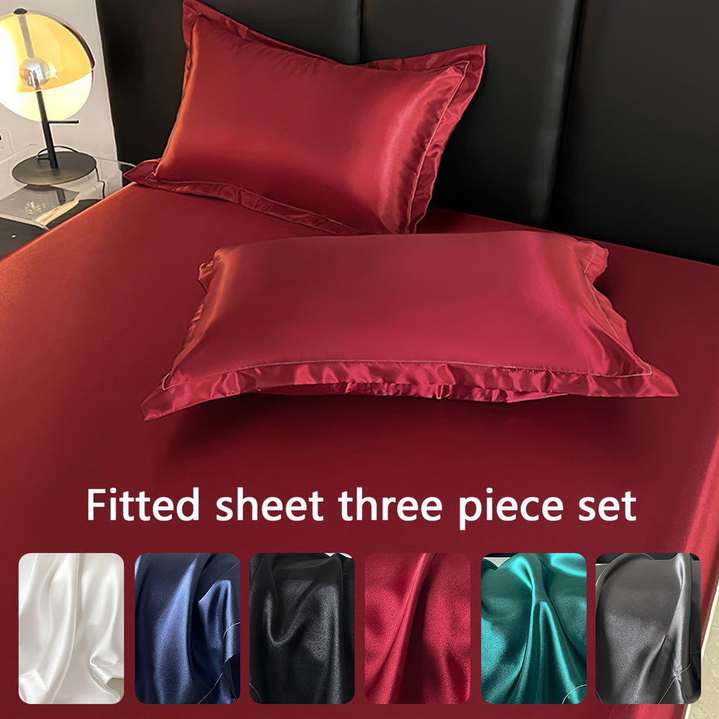 Luxury Satin Fitted Sheet, Fitted Sheet+Pillowcase, Queen Sheet, Cooling, Smooth, Breathable, Wrinkle-Resistant, Machine Washable, Easy Care Ultra Soft for Hot Sleepers Child, Children, Adults, Hotels, Apartments, Wedding Gifts-3000TC Random Color
