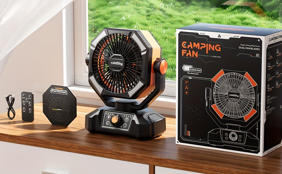 Dual Motor Camping Fan, 20000mAh Rechargeable Battery Powered Portable Fan with 8 Speeds, Remote Control, 4 LED Lights and Hanging Hook for Tents and Home