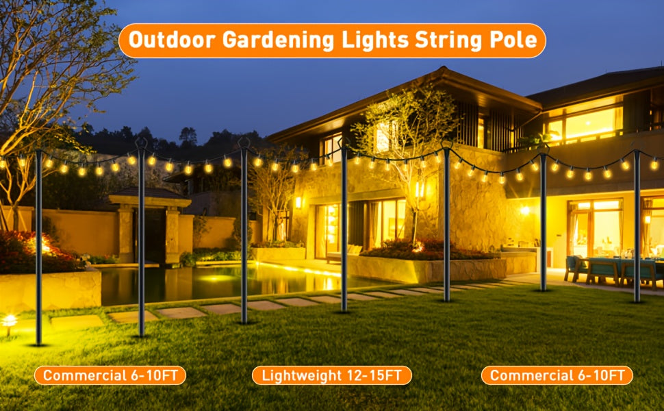 4 Pack 11.1FT String Light Poles With Metal Ground Stake, Heavy Duty Rustproof Metal Light Stand For Outdoor Garden Backyard Deck, Fall Autumn Harvest & Halloween Party Decor, Perfect For Wedding, Patio, Outside Holiday String Lights Support Poles