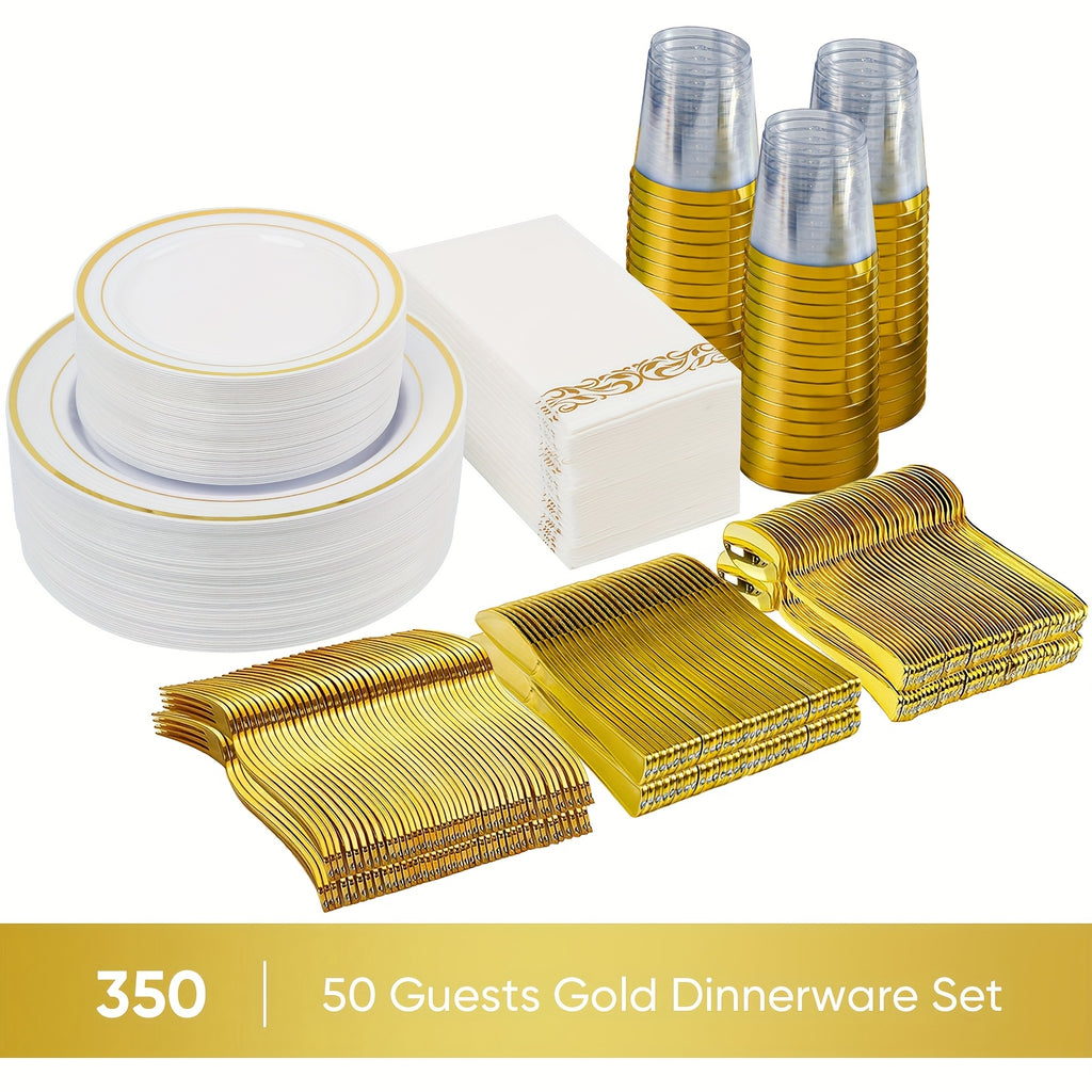 Set of 350/700 Golden/Silver Disposable Plates for 50/100 Guests, Disposable Plastic Plates for Parties, Wedding, Graduation, Birthday, Dinnerware Set of Dinner Plates, Salad Plates, Cutlery, Cups And Napkins