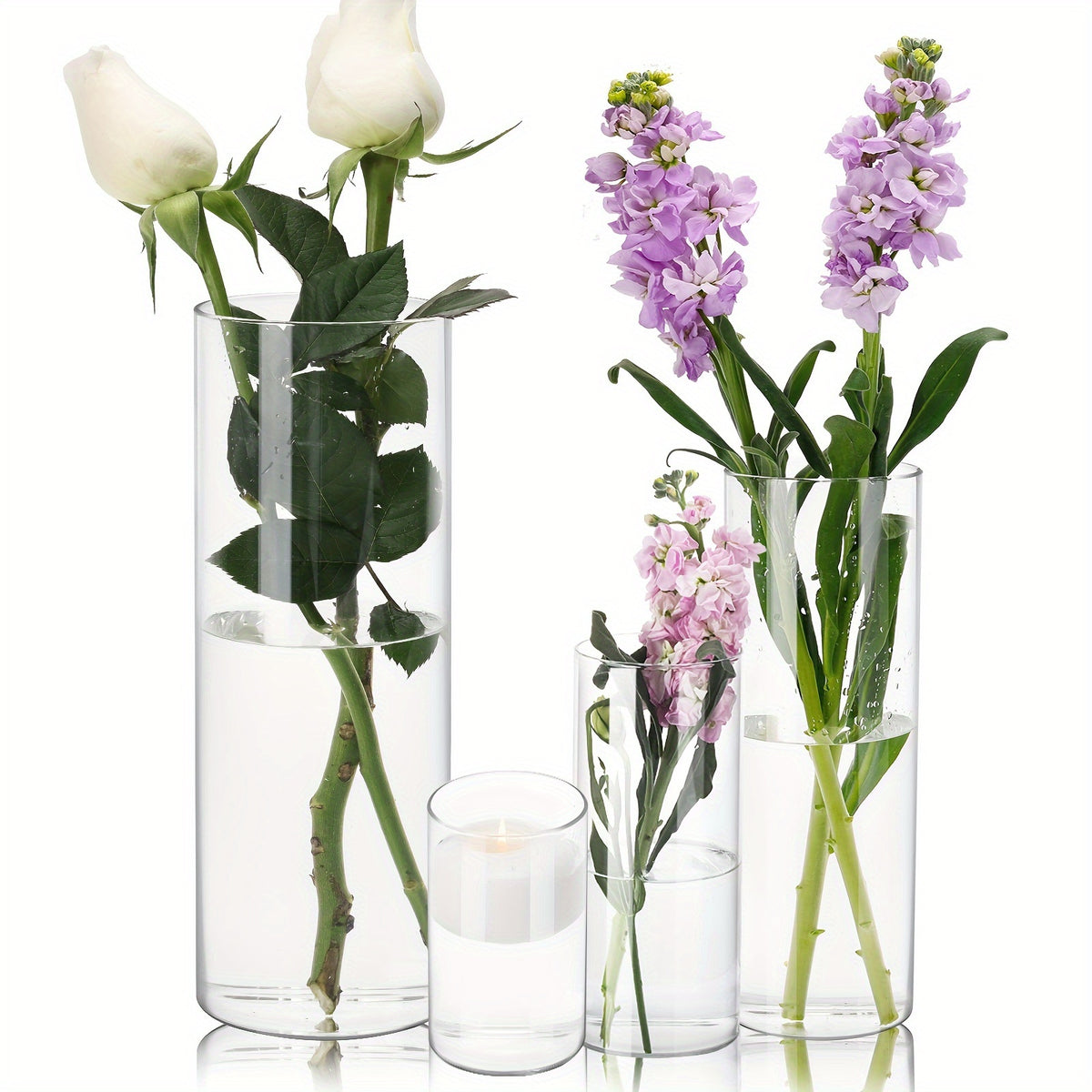 TOMNK 4/12/24/48/80pcs Clear Glass Cylinder Vases, 4, 6, 8, 10 Inch Tall Cylinder Vases for Centerpieces, Glass Flower Vase, Hurricane Floating Candle Holder Vase for Kitchen, Party, Wedding, Home Decor, for Halloween, Christmas