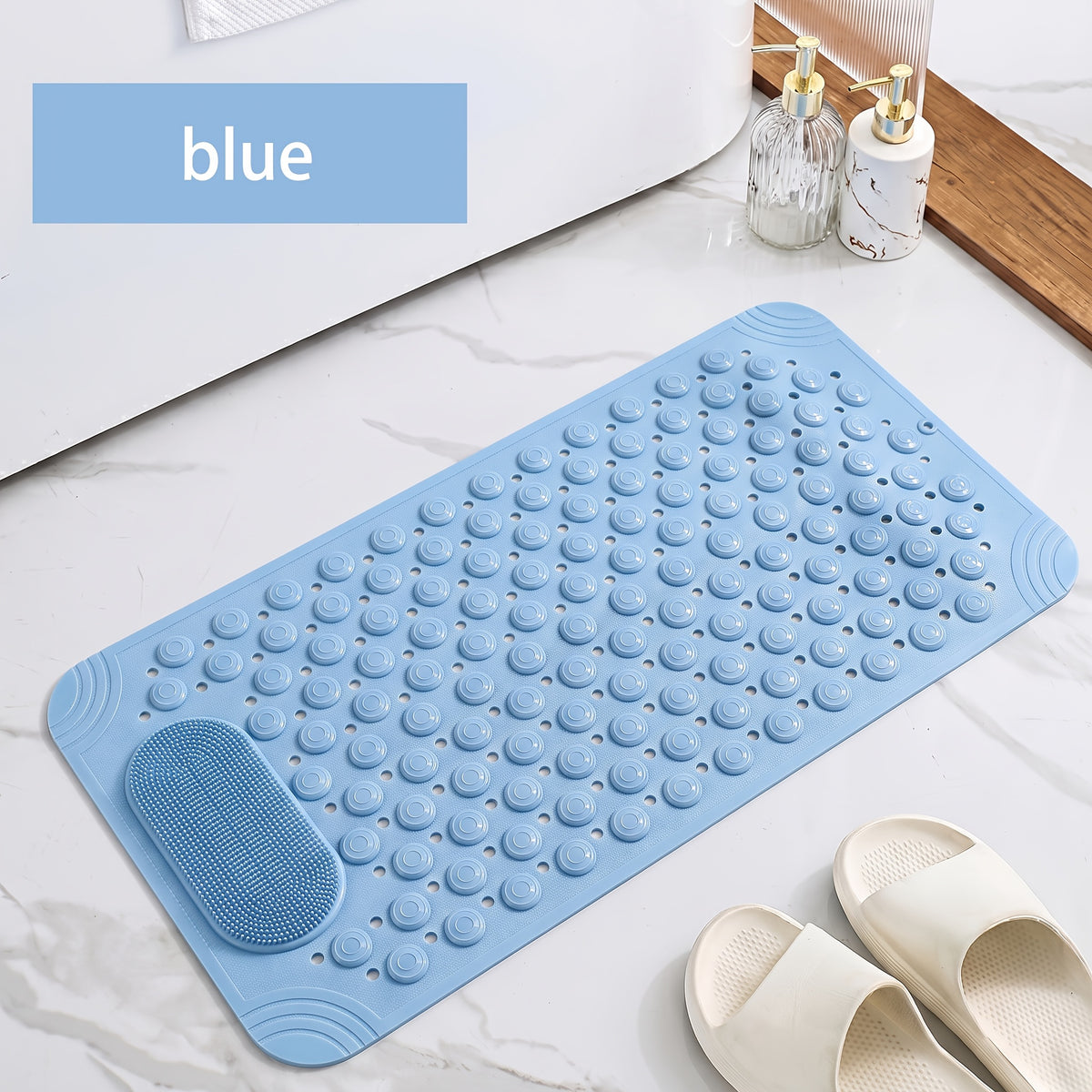 Non-Slip PVC Bath Mat with Massage Buttons - Light Blue & Multi-Color Polka Dot Pattern, Rectangular Shower and Bathroom Safety Mat, 0.35inch Thick, Durable PVC Material, Bath Accessories