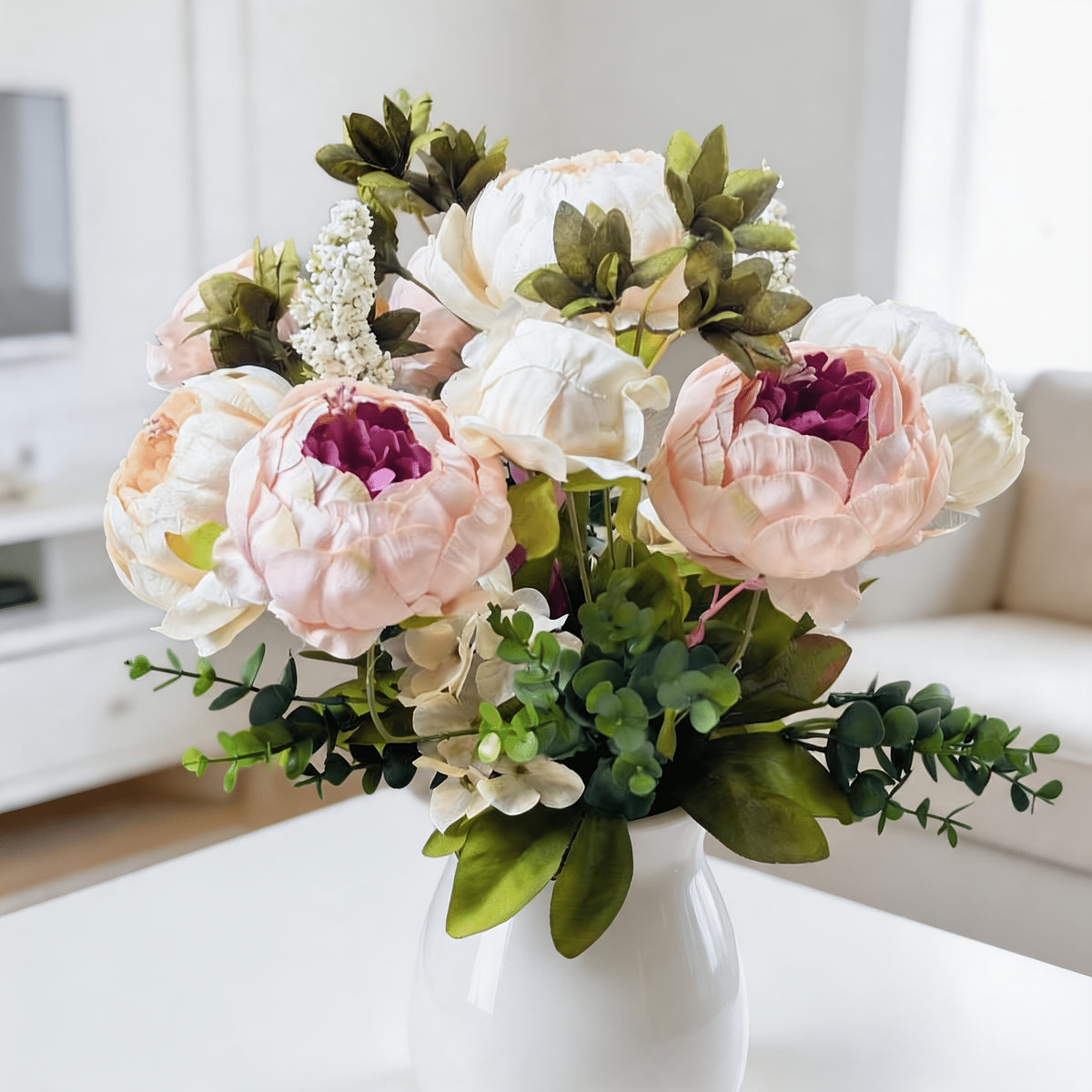 Vintage Faux Peonies, Peonies And Hydrangeas for Bridal Home Decor - Beautiful Floral Centerpiece (rustic, Pink, Green Mix).