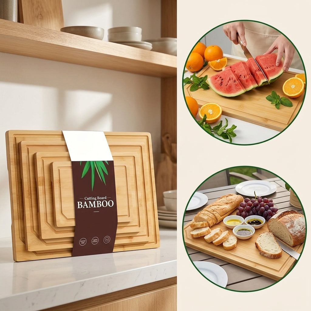 4pcs of Oversized Bamboo Chopping Board Set with Juice Tank Design, Suitable for Durable Chopping Boards for Meat, Vegetables and Fruits. Mother's Day/ Father's Day Gifts, Essential Kitchen Tools for Family and Friends., Fruit Slicing, Oversized