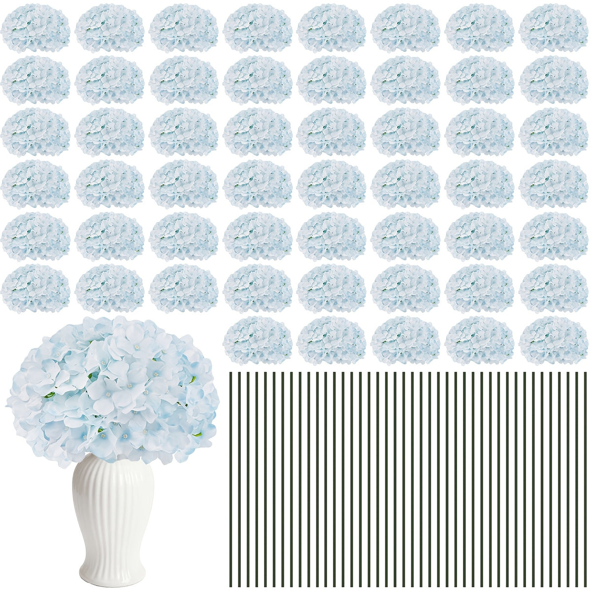 Set of 24 Synthetic Hydrangea Blooms with Stems, Ideal for Wedding Decorations, Home Parties, Baby Showers, And Store Displays. These Floral Arrangements Are Long-Lasting And Can Be Reused, Available in White, Orange, Blue, Dreamy Purple, Champagne