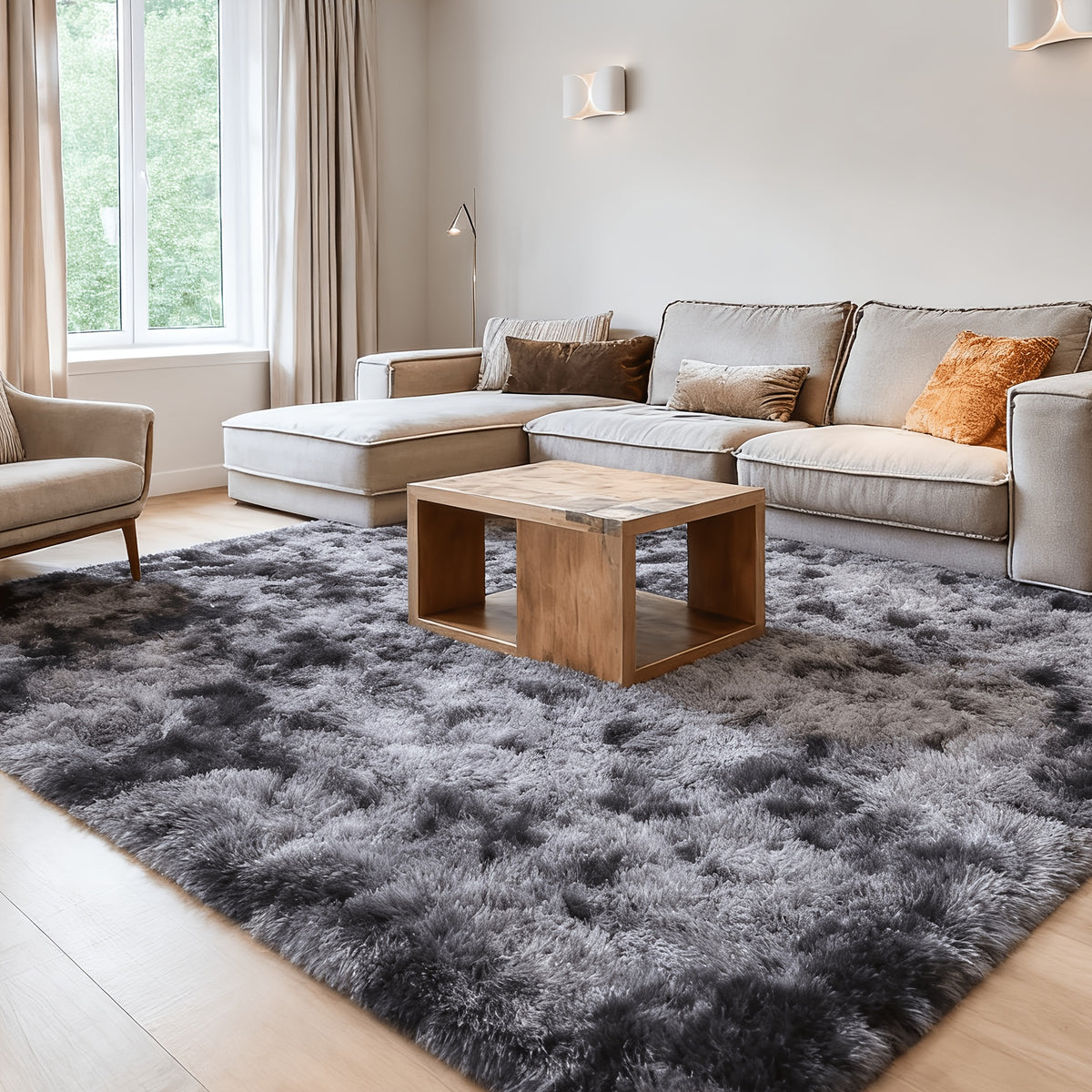 1pc Giant 71x106in Plush Area Rug | Non-Slip Fluffy, 1.6 Inch Thick, Machine Washable, Polyester, Solid Color, Rectangle, Flat Woven | Ideal for Living Room, Bedroom, Study, Makeup Room, Holiday Decoration, Cozy Home Carpet, Gray/Black