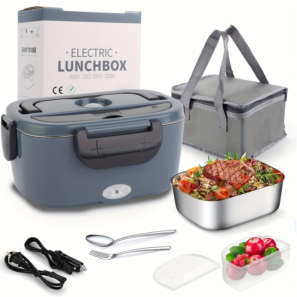 Lunch Box 50.72oz - 120V Home And 12V/24V Car Portable Food Warmer, Stainless Steel Heated Meal Container W/ Fork And Insulated Bag, for Truck Drivers, Office, Travel, Camping, College (Fast Heating)