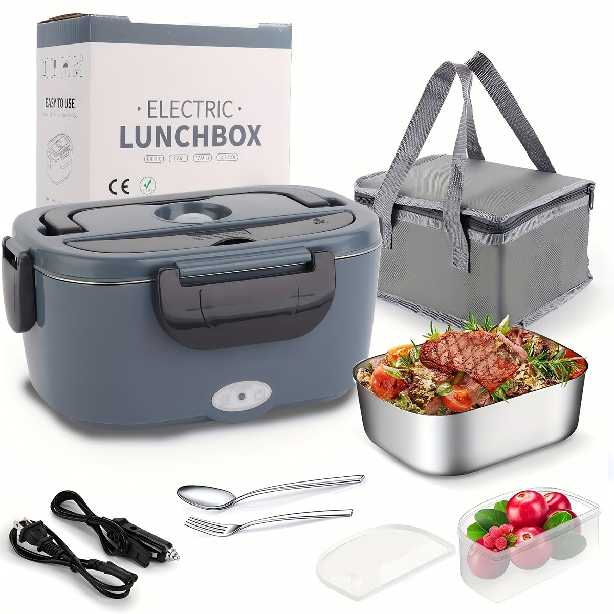 Lunch Box 50.72oz - 120V Home And 12V/24V Car Portable Food Warmer, Stainless Steel Heated Meal Container W/ Fork And Insulated Bag, for Truck Drivers, Office, Travel, Camping, College (Fast Heating)
