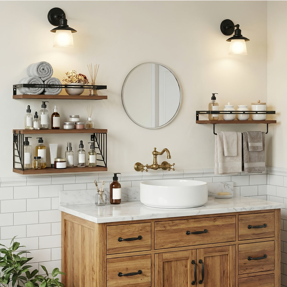 TOMNK 3/4pcs Wall Mounted Floating Storage Rack, Rustic Wood Wall Shelf with Guardrail, Multifunctional Display Unit for Bedroom, Living Room, Bathroom And Kitchen