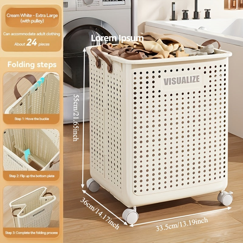 11/15/17.5 Gallon Foldable Laundry Basket with Wheels, Breathable Plastic Rolling Laundry Hamper with Faux Leather Handles, Space-Saving Clothes Storage Bin for Bathroom And Bedroom, Laundry Baskets