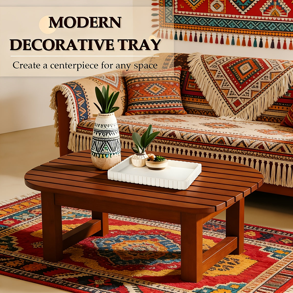 Fluted Wood Decorative Tray, Black or White Round and Square Options for Coffee Table Centerpieces, Jewelry Organization and Modern Living Room Decor
