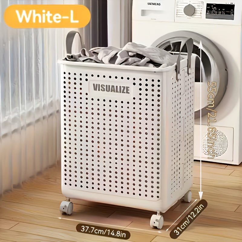 Large Foldable Wheeled Laundry Basket, Plastic Material, Solid Color, Wheeled Laundry Hamper for Small Apartment, Versatile Folding Portable Laundry Basket for Bathroom And Balcony Storage, Laundry Bag, Laundry Room Additions, Laundry Baskets