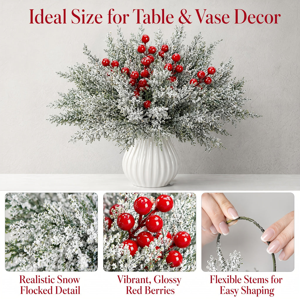 20pcs 14in Artificial Christmas Greenery Stems with Red Berries for DIY Wreaths, Xmas Tree Decor, Holiday Centerpieces, Indoor Home Decor, Christmas Vase Fillers
