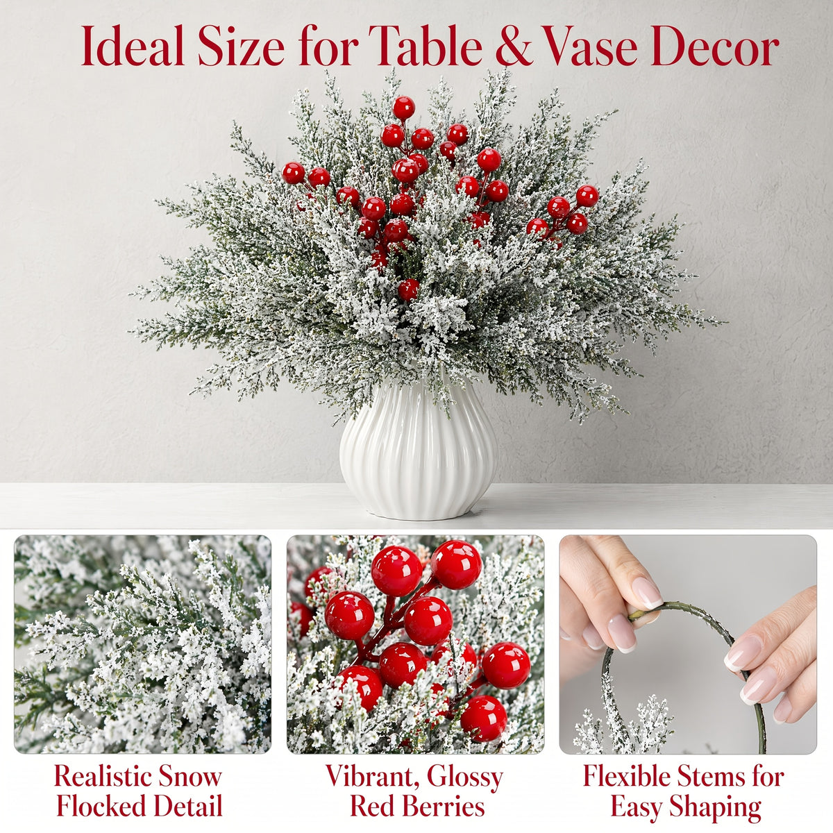 20pcs 14in Artificial Christmas Greenery Stems with Red Berries for DIY Wreaths, Xmas Tree Decor, Holiday Centerpieces, Indoor Home Decor, Christmas Vase Fillers