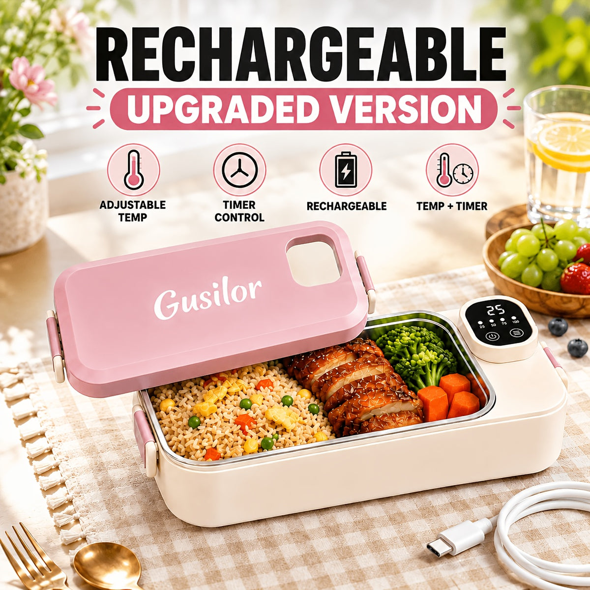 Rechargeable Lunch Box Portable Timer-Controlled (Upgraded Version), Lunch Box for Women Men, Bento Box Adult, Insulated Lunch Bag, Snack Lunch Containers with Lids, Meal Prep Containers, Heated Lunch Box