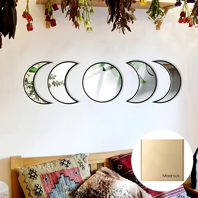 Wall Decor Moon Phase Mirror Set, 5pcs Scandinavian Natural Acrylic Wall Decorative Bohemian Home Decor Mirror for Living Room Bedroom Apartment Flat