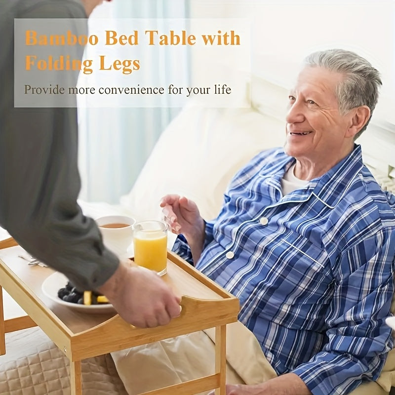 A Bamboo Bed Tray Table Measuring 19.32 by 11.83 Inches, Featuring Handles And Folding Legs, Perfect for Breakfast, Snacks, Or Working While on The Sofa Or Bed, Sold in a Half Pack