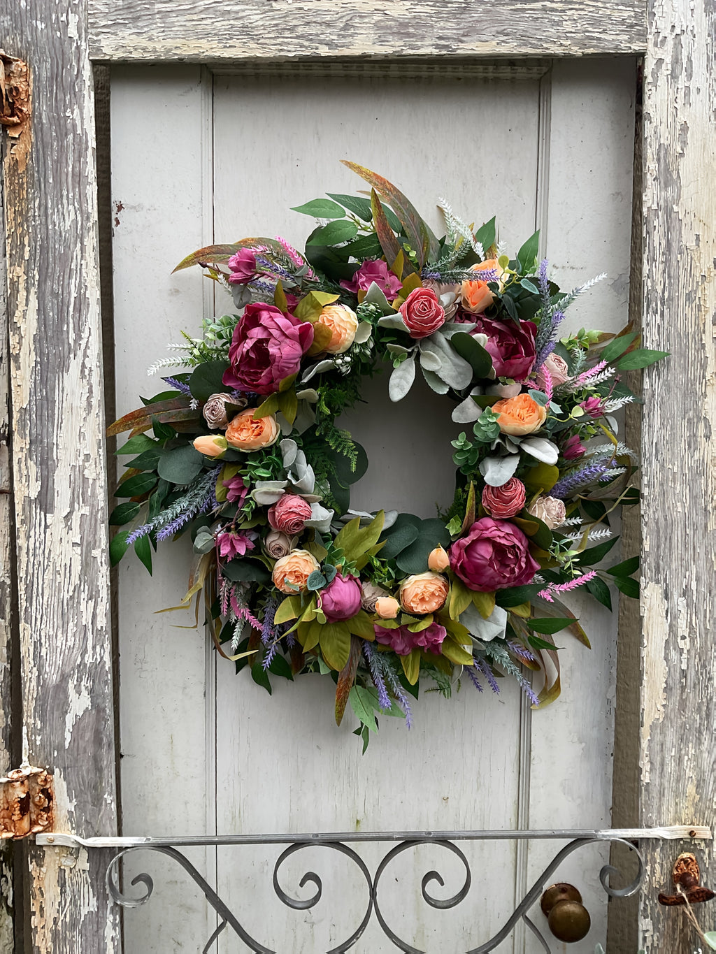 Elegant Peony & Roses Wreath with Pink, Purple, Peach, & Green Foliage - Durable Plastic Farmhouse Door Decoration for Spring Summer Home Decor, Contemporary Floral Wreath with Lush Foliage & Pastel Hues, Easy to Install with Adhesive/Screws, All-Season I