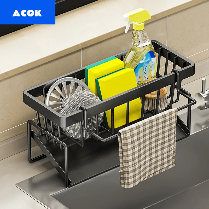 Black Sponge Drain Rack with Dishcloth Holder, Sink Storage Rack for Sponges, Dish Soap, Dishcloths, Brushes, and Utility Cloths, Christmas