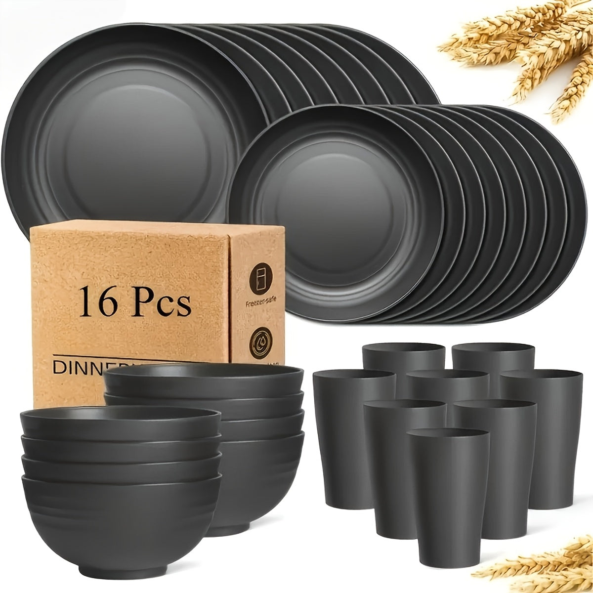 32/16pcs Dinnerware Set Made from Wheat Straw, Designed for 8 Or 4 People, Includes Kitchen Additions, Unbreakable Modern Plates, Dessert Plates, Bowls, And Cups. Safe for Dishwasher And Microwave, Lightweight for Camping And Daily Use