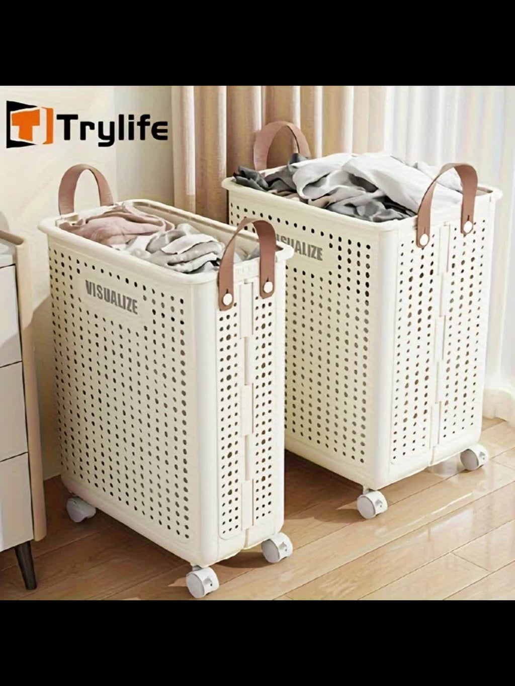 11/15/17.5 Gallon Foldable Laundry Basket with Wheels, Breathable Plastic Rolling Laundry Hamper with Faux Leather Handles, Space-Saving Clothes Storage Bin for Bathroom And Bedroom, Laundry Baskets