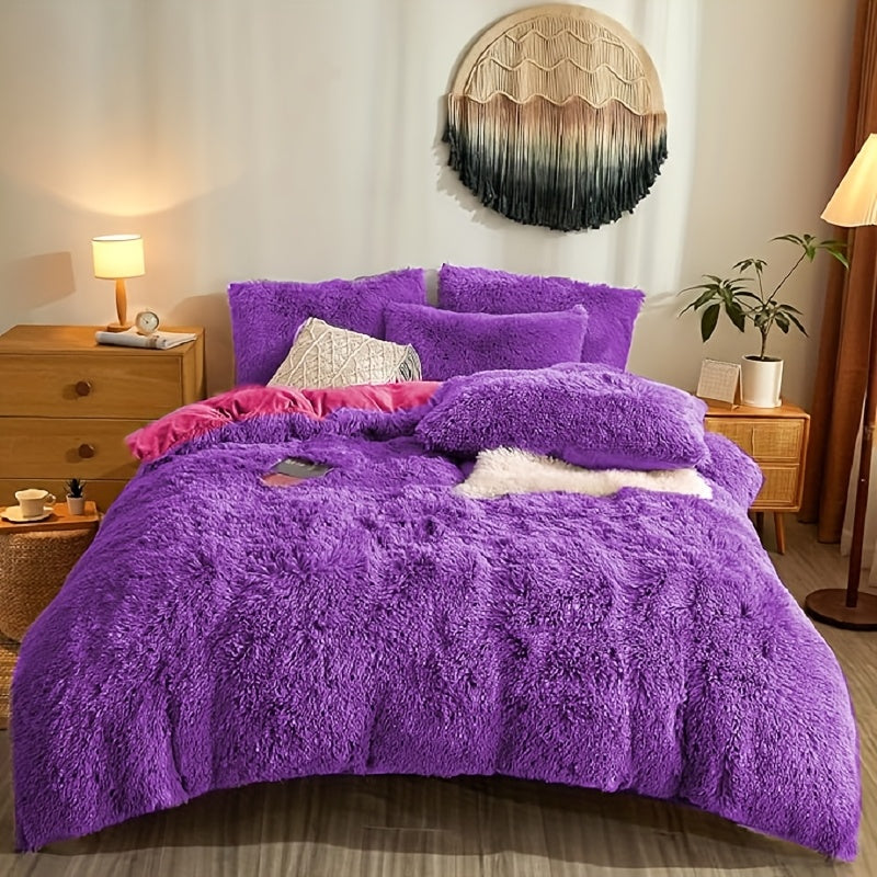 4pcs Fluffy Comforter Cover Set Queen King, Soft Plush Duvet Cover Set with Pillow Shams, All Season Cozy Bedding, No Insert