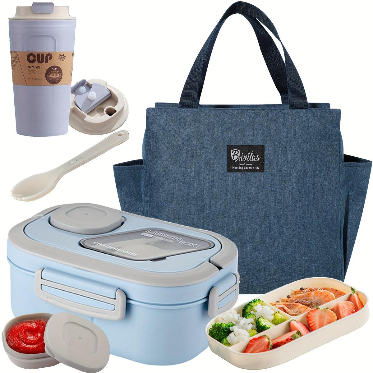 Two Tier Bento Lunch Box, Divided Meal Container in Pink, Blue, Green or White with Optional Cup and Lunch Bag Sets for School, Office and Picnics