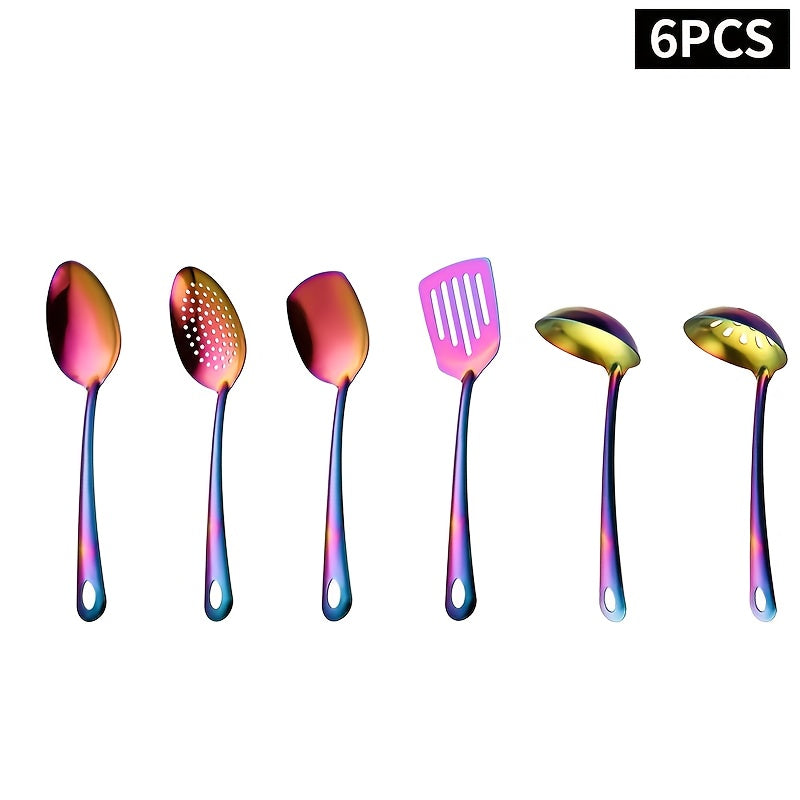 Stainless Steel Cooking Utensils, 6-Piece Korean Style Kitchen Tool Set with Slotted Turner, Serving Spoons and Ladles in Gold Silver or Vibrant Colors