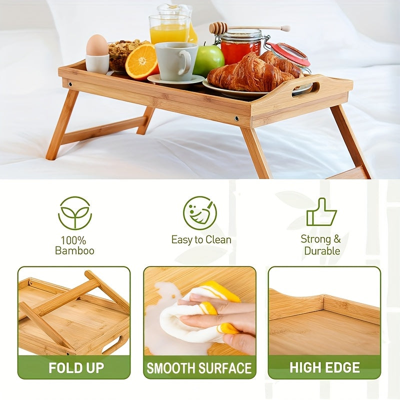 A Bamboo Bed Tray Table Measuring 19.32 by 11.83 Inches, Featuring Handles And Folding Legs, Perfect for Breakfast, Snacks, Or Working While on The Sofa Or Bed, Sold in a Half Pack