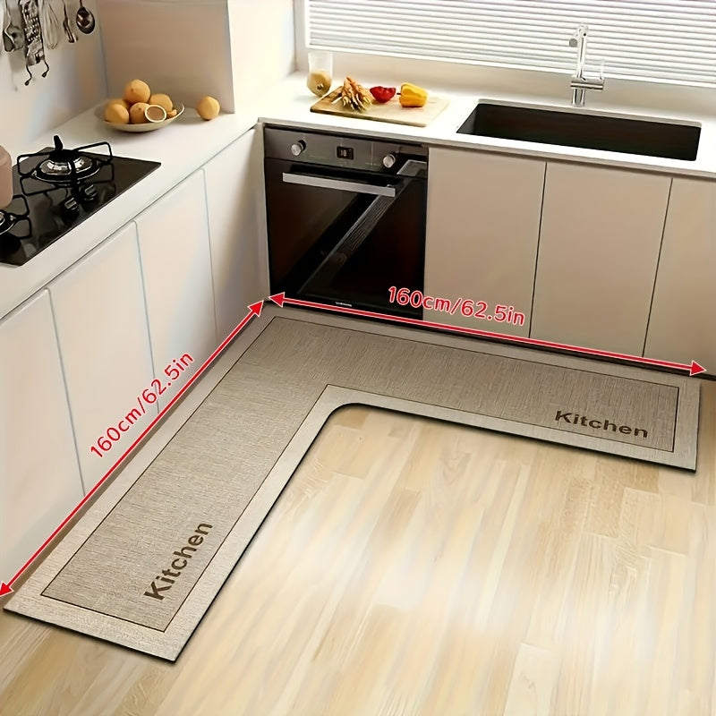 Kitchen mat with "Kitchen" text - Non-slip backing, ultra-soft microfiber, striped and solid colors, irregular shape. Suitable for entryways and dining area entrances - Easy to clean home decor, modern kitchenware style, machine-made for durability