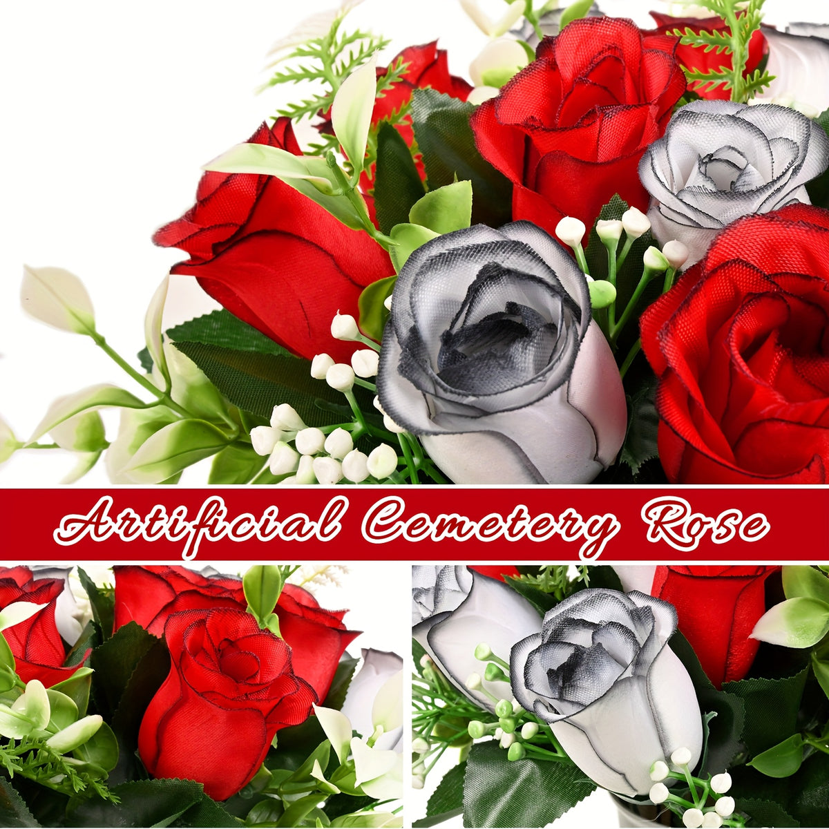 1/3pcs Artificial Cemetery Flowers for Graves with Saddles, Artificial Silkyy Rose Flowers And Bouquets with Vases, Headstone Flower Saddle, Memorial Day Flowers for Cemetery, Outdoor Grave Headstone Decoration