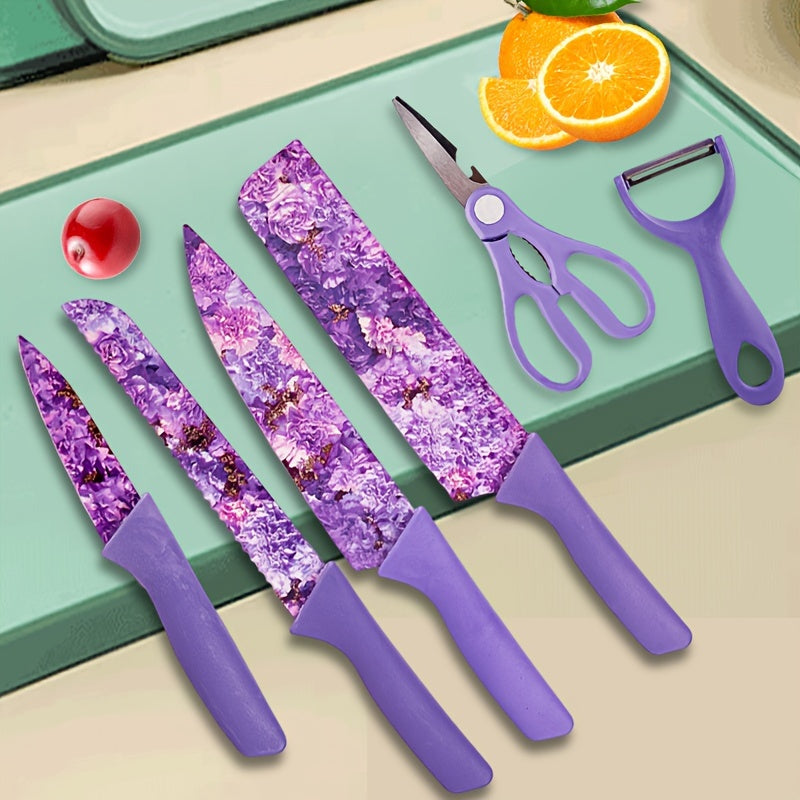 6pcs Jasmine Flower Pattern Kitchen Knife Set Colorful Printing, High Carbon Stainless Steel Blades, Ergonomic Handles, Sharp Meat Cleaver, Serrated Bread Knife, Precise Scissors, Peeler - Perfect Cooking Gifts for Women And Men, Kitchen Essentials