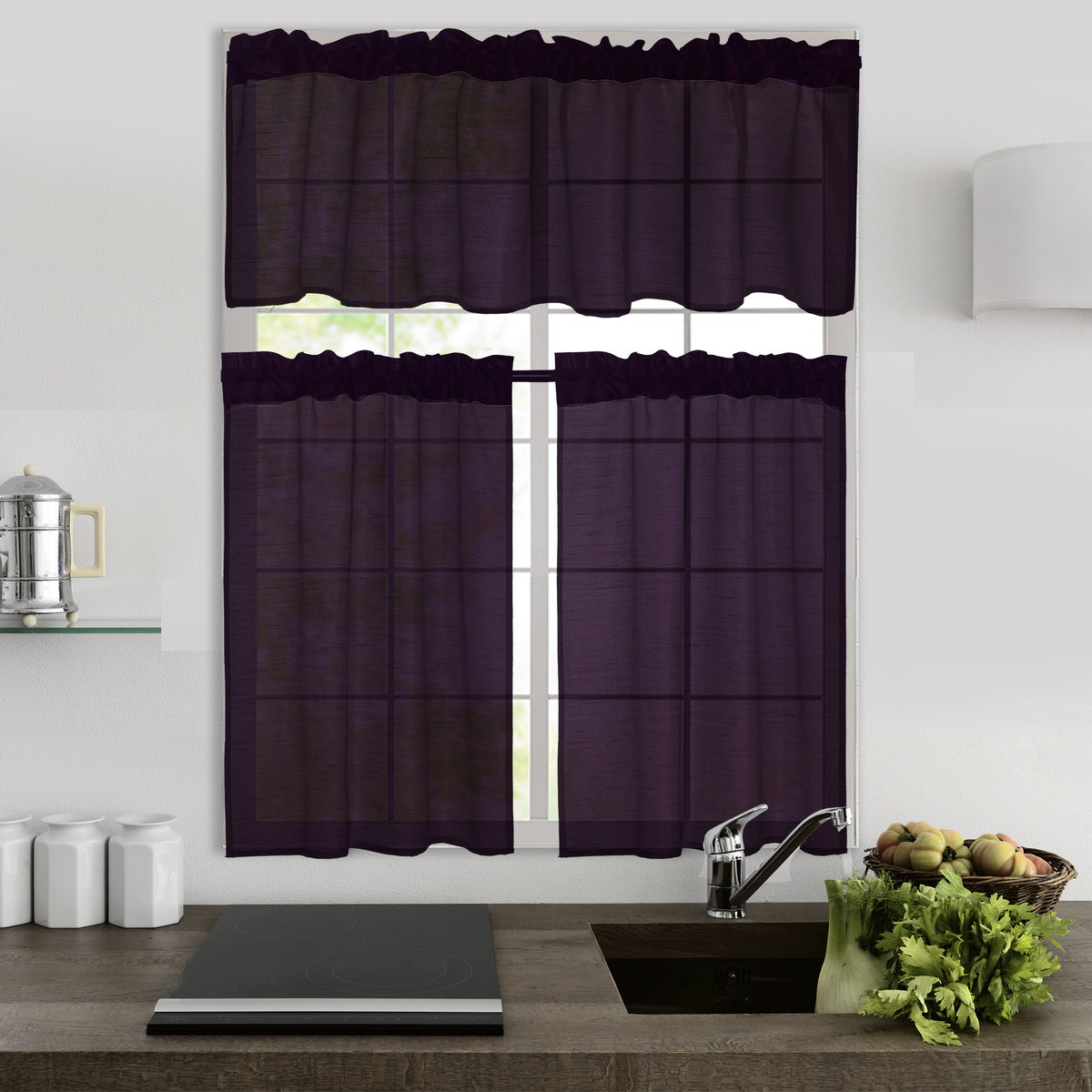 3 Panels Faux Silk Solid Color Sheer Kitchen Curtains Set Rod Pocket Design with 2 Tiers 26x36 inch Each and 1 Valance 52x14 inch for Kitchen Bathroom Privacy Drapes and curtains
